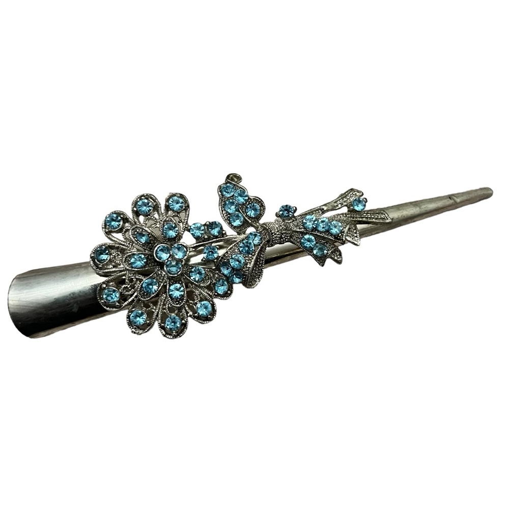 Antique Silver Hair Pin Clip Blue Stone Flower Bow